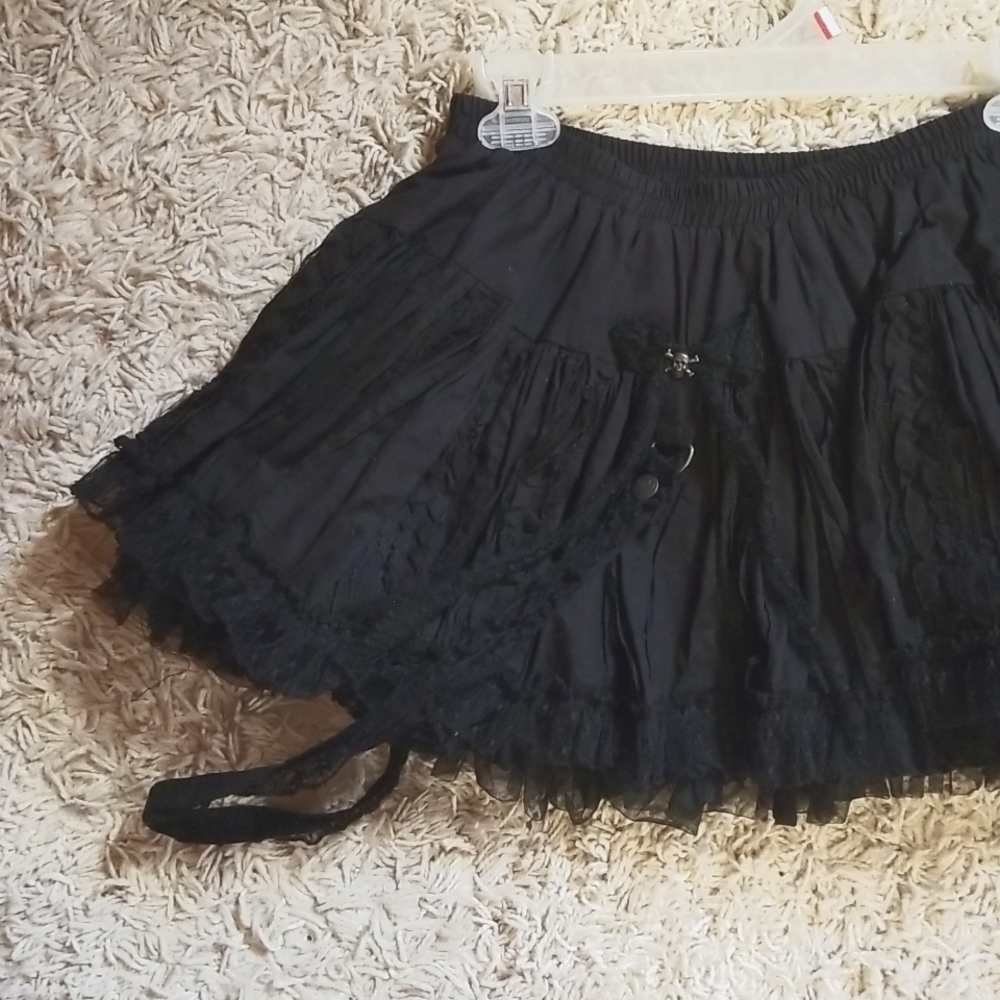 Tripp NYC L Mini Skirt Circus Black Lace Skulls Bows Straps